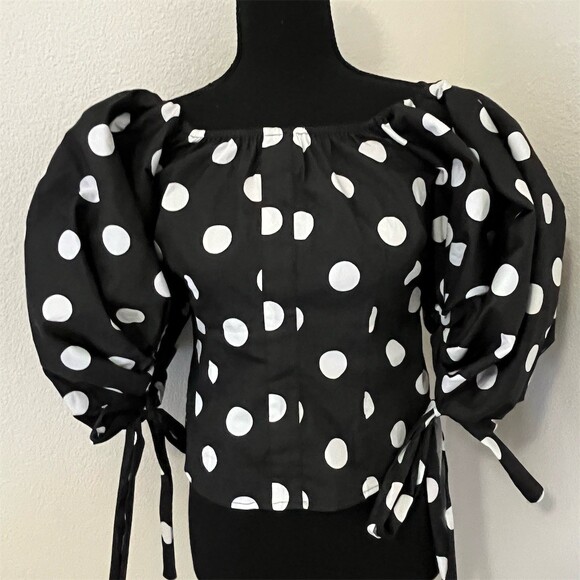 Caroline Constas Tops - Caroline Constas Blouse Womens M Black White Polka Dot Puff Sleeve
